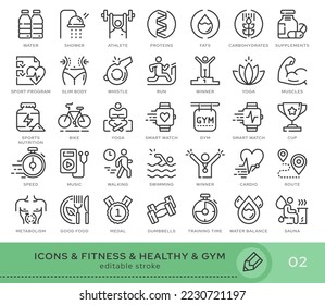  Set of conceptual icons. Vector icons in flat linear style for web sites, applications and other graphic resources. Set from the series - Fitness. Editable stroke icon.