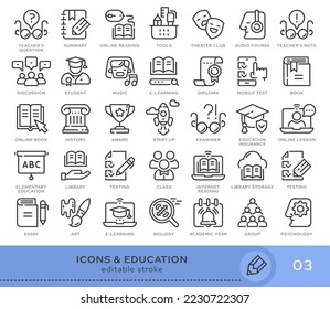 Conjunto de iconos conceptuales. Iconos vectoriales en estilo lineal plano para sitios web, aplicaciones y otros recursos gráficos. Basado en la serie - Educación y Escuela. Icono de trazo editable.