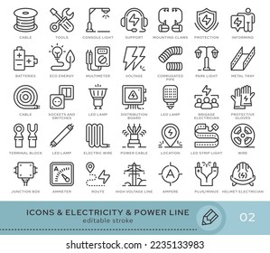 Set of conceptual icons. Vector icons in flat linear style for web sites, applications and other graphic resources. Set from the series - Electricity and Power Line. Editable stroke icon.