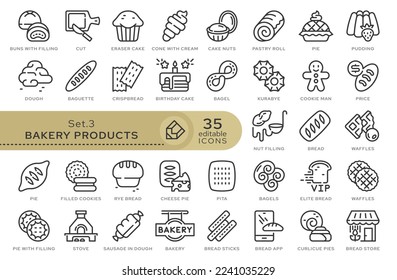 Conjunto de iconos conceptuales. Iconos vectoriales en estilo lineal plano para sitios web, aplicaciones y otros recursos gráficos. Conjunto de la serie - Productos de panadería. Icono de esquema modificable.	
