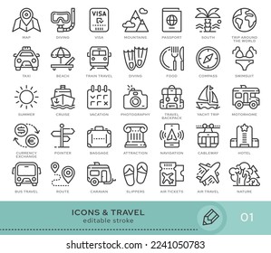 Set of conceptual icons. Vector icons in flat linear style for web sites, applications and other graphic resources. Set from the series - Travel and Tourizm. Editable stroke icon.