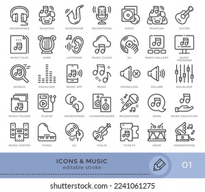 Set von konzeptionellen Symbolen. Vektorsymbole im flachen linearen Stil für Webseiten, Anwendungen und andere grafische Ressourcen. Set aus der Serie - Musik und Musikinstrumente. Bearbeitbares Strichsymbol.