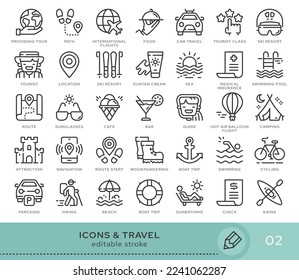 Conjunto de iconos conceptuales. Iconos vectoriales en estilo lineal plano para sitios web, aplicaciones y otros recursos gráficos. Conjunto de la serie - Viajes y turismo. Icono de trazo editable.