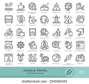 Set of conceptual icons. Vector icons in flat linear style for web sites, applications and other graphic resources. Set from the series - Travel and Tourizm. Editable stroke icon.