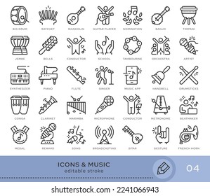 Conjunto de iconos conceptuales. Iconos vectoriales en estilo lineal plano para sitios web, aplicaciones y otros recursos gráficos. Partida de la serie - Música e instrumentos musicales. Icono de trazo editable.