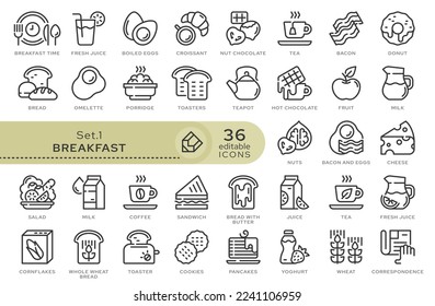 Conjunto de iconos conceptuales. Iconos vectoriales en estilo lineal plano para sitios web, aplicaciones y otros recursos gráficos. El desayuno es de la serie. Icono de esquema modificable.	
