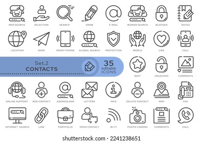 Conjunto de iconos conceptuales. Iconos vectoriales en estilo lineal plano para sitios web, aplicaciones y otros recursos gráficos. Establecer desde la serie - Contactos. Icono de esquema modificable.	
