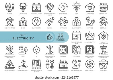 Set of conceptual icons. Vector icons in flat linear style for web sites, applications and other graphic resources. Set from the series - Electricity. Editable outline icon.	
