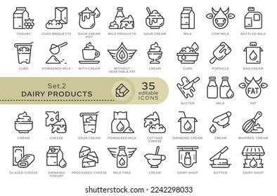 Conjunto de iconos conceptuales. Iconos vectoriales en estilo lineal plano para sitios web, aplicaciones y otros recursos gráficos. Fijado de la serie - Productos lácteos. Icono de esquema modificable.	
