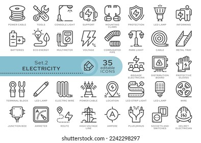 Conjunto de iconos conceptuales. Iconos vectoriales en estilo lineal plano para sitios web, aplicaciones y otros recursos gráficos. Fijado de la serie - Electricidad . Icono de esquema modificable.	
