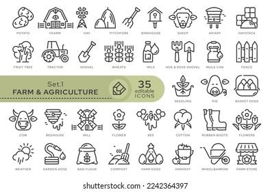 Set of conceptual icons. Vector icons in flat linear style for web sites, applications and other graphic resources. Set from the series - Farm and Agriculture. Editable outline icon.	
