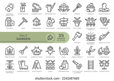 Conjunto de iconos conceptuales. Iconos vectoriales en estilo lineal plano para sitios web, aplicaciones y otros recursos gráficos. Separada de la serie - Garden. Icono de esquema modificable.	
