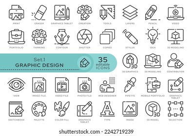 Conjunto de iconos conceptuales. Iconos vectoriales en estilo lineal plano para sitios web, aplicaciones y otros recursos gráficos. Conjunto de la serie - Diseño gráfico. Icono de esquema modificable.	
