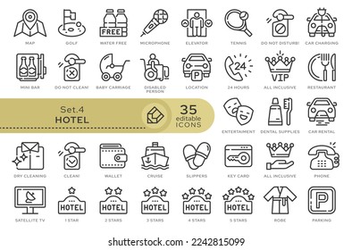 Conjunto de iconos conceptuales. Iconos vectoriales en estilo lineal plano para sitios web, aplicaciones y otros recursos gráficos. Hotel and Travel. Icono de esquema modificable.	
