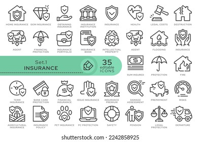 Conjunto de iconos conceptuales. Iconos vectoriales en estilo lineal plano para sitios web, aplicaciones y otros recursos gráficos. Partida de la serie - Seguros. Icono de esquema modificable.	
