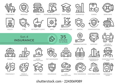 Conjunto de iconos conceptuales. Iconos vectoriales en estilo lineal plano para sitios web, aplicaciones y otros recursos gráficos. Partida de la serie - Seguros. Icono de esquema modificable.	
