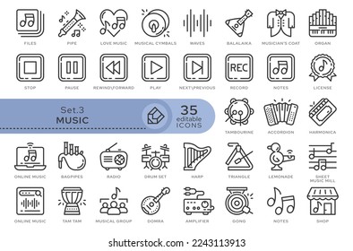 Set von konzeptionellen Symbolen. Vektorsymbole im flachen linearen Stil für Webseiten, Anwendungen und andere grafische Ressourcen. Set aus der Serie - Musik und Musikinstrumente. Bearbeitbares Kontursymbol.	
