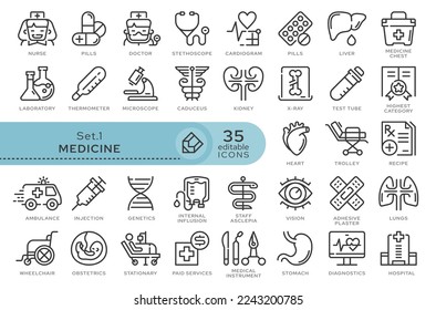 Set of conceptual icons. Vector icons in flat linear style for web sites, applications and other graphic resources. Set from the series - Medicine and Health. Editable outline icon.	
