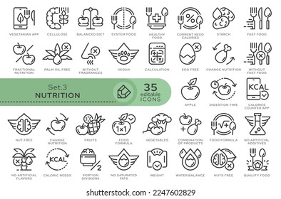 Conjunto de iconos conceptuales. Iconos vectoriales en estilo lineal plano para sitios web, aplicaciones y otros recursos gráficos. Conjunto de la serie - Nutrición. Icono de esquema modificable.	
