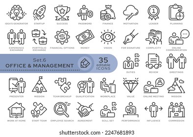 Set von konzeptionellen Symbolen. Vektorsymbole im flachen linearen Stil für Webseiten, Anwendungen und andere grafische Ressourcen. Aus der Serie - Office und Management. Bearbeitbares Kontursymbol.	
