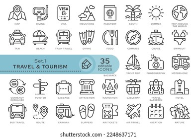 Set of conceptual icons. Vector icons in flat linear style for web sites, applications and other graphic resources. Set from the series - Travel and Tourism. Editable outline icon.	
