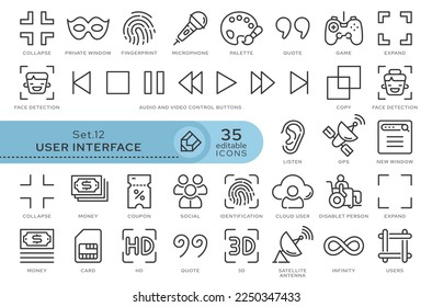 Conjunto de iconos conceptuales. Iconos vectoriales en estilo lineal plano para sitios web, aplicaciones y otros recursos gráficos. Establecer desde la serie - Interfaz de usuario. Icono de esquema modificable.	
