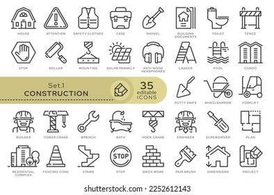 Conjunto de iconos conceptuales. Iconos vectoriales en estilo lineal plano para sitios web, aplicaciones y otros recursos gráficos. Conjunto de la serie - Construcción. Icono de esquema modificable.	
