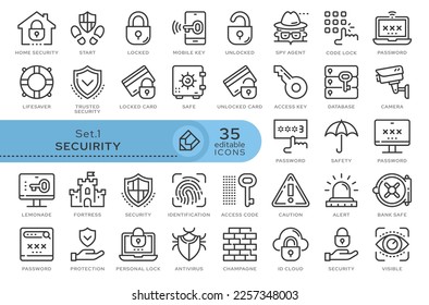 Conjunto de iconos conceptuales. Iconos vectoriales en estilo lineal plano para sitios web, aplicaciones y otros recursos gráficos. Establecer desde la serie - Seguridad. Icono de esquema modificable.	
