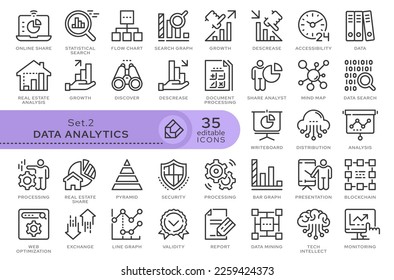 Set von konzeptionellen Symbolen. Vektorsymbole im flachen linearen Stil für Webseiten, Anwendungen und andere grafische Ressourcen. Aus der Serie - Data Analytics. Bearbeitbares Kontursymbol.	
