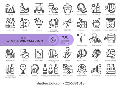 Set of conceptual icons. Vector icons in flat linear style for web sites, applications and other graphic resources. Set from the series - Wine and Winemaking. Editable outline icon.	
