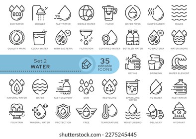 Set von konzeptionellen Symbolen. Vektorsymbole im flachen linearen Stil für Webseiten, Anwendungen und andere grafische Ressourcen. Aus der Serie - Wasser. Bearbeitbares Kontursymbol.	
