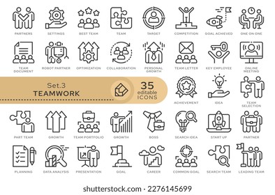 Conjunto de iconos conceptuales. Iconos vectoriales en estilo lineal plano para sitios web, aplicaciones y otros recursos gráficos. Conjunto de la serie: Equipo y Trabajo en equipo. Icono de esquema modificable.	