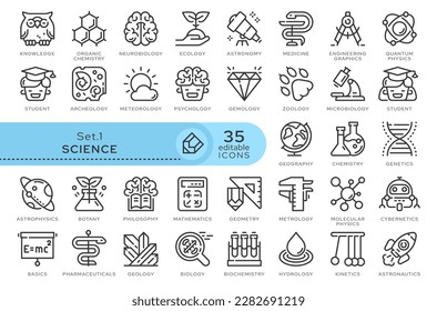 Conjunto de iconos conceptuales. Iconos vectoriales en estilo lineal plano para sitios web, aplicaciones y otros recursos gráficos. Basado en la serie - Ciencia. Icono de esquema modificable.	
