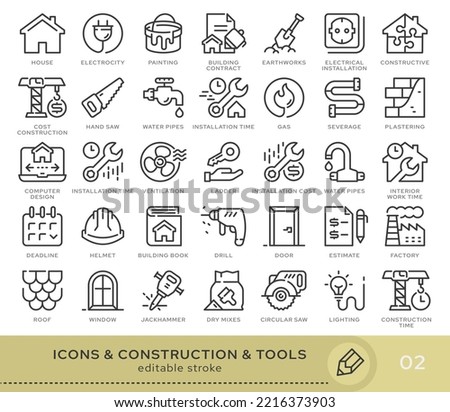 Set of conceptual icons. Vector icons in flat linear style for web sites, applications and other graphic resources. Set from the series - Construction and Tools. Editable stroke icon.