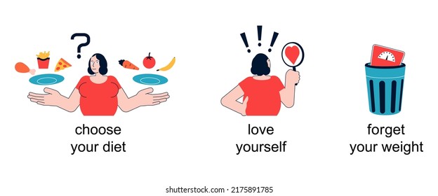 Set of conceptual illustrations about excess weight. An overweight woman tries to love her body and forget about her weight. 
