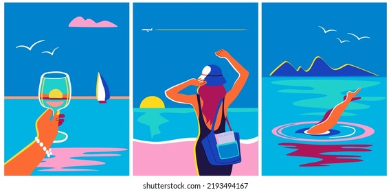 A set of conceptual illustrations representing summer end; enjoying life; dreaming. Woman at the seaside, diving in the sea, holding a glass of champagne. 