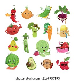 Set of conceptual illustrations with vegetables and fruits. Comic cartoon characters.