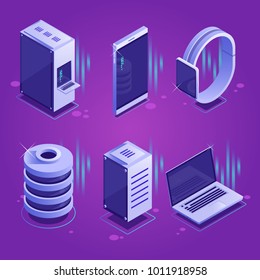 Set Of Conceptual Isometric Icons Of Server And Mobile Devices.Database,server Town And Equipment.Vector Isometric Illustration On A Purple Gradient Background