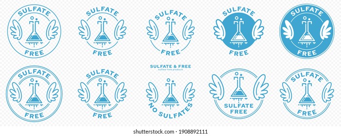 A set of conceptual stamps for packaging products. Labeling - sulfate free. A stamp with wings is a symbol of liberation, freedom. Chemical flask flat icon and flowing ingredient line. Vector