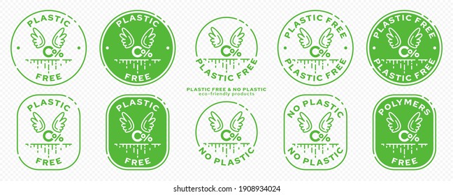A set of conceptual stamps for packaging products. Marking - no plastic. Stamp - 0 percent with wings - a symbol of free. The current line is the symbol for absorbable, biodegradable products. Vector