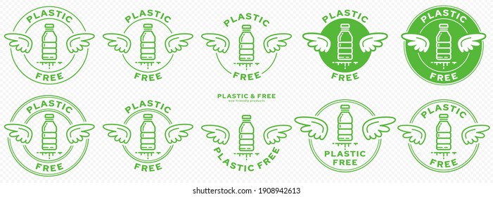 A set of conceptual stamps for packaging products. Marking - no plastic. A stamp with wings is a symbol of liberation, freedom. Plastic bottle flat icon and flowing ingredient line. Vector