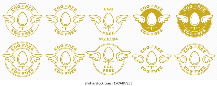 A set of conceptual stamps for packaging products. Labeling - no eggs. A round stamp with wings - a symbol of liberation, freedom. Egg flat icon with a line of flowing out of the composition. Vector	

