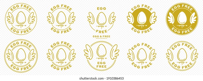 A set of conceptual stamps for packaging products. Labeling - no eggs. A round stamp with wings - a symbol of liberation, freedom. Egg flat icon with a line of flowing out of the composition. Vector	