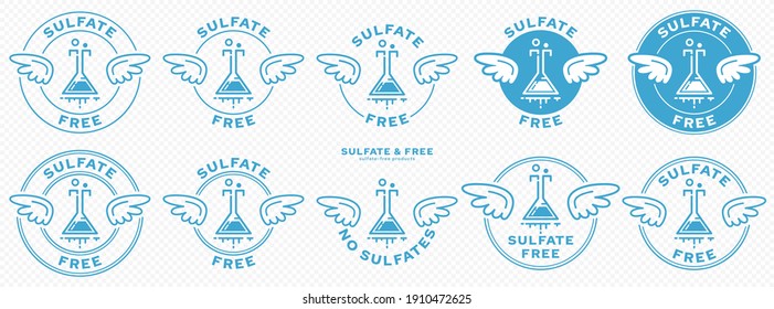 A set of conceptual stamps for packaging products. Labeling - sulfate free. A stamp with wings is a symbol of liberation, freedom. Chemical flask flat icon and flowing ingredient line. Vector