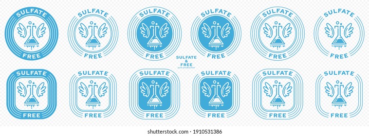 A set of conceptual stamps for packaging products. Labeling - sulfate free. Round stamp with flat icon of ingredient flask and wings - a symbol of liberation, freedom. Vector grouped elements.