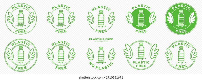 A set of conceptual stamps for packaging products. Marking - no plastic. A stamp with wings is a symbol of liberation, freedom. Plastic bottle flat icon and flowing ingredient line. Vector