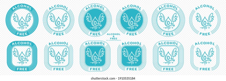 A set of conceptual stamps for packaging products. Labeling - alcohol free. Stamp with the symbol of the exempt, free. Drop with wings and a symbol of a flowing ingredient. Vector grouped elements.	
