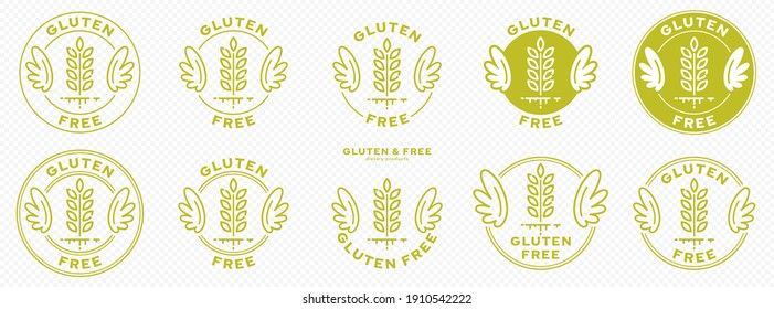 A set of conceptual stamps for packaging products. Labeling - gluten free. A stamp with wings is a symbol of liberation, freedom. Cereal spikelet flat icon and flowing ingredient line. Vector