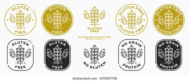 Set of conceptual stamps for packaging products. Labeled - Gluten Free, Grain Protein Free. Round stamp with a flat spikelet icon and wings - a symbol of liberation, freedom. Vector grouped elements.