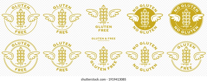 A set of conceptual stamps for packaging products. Labeling - gluten free. A stamp with wings is a symbol of liberation, freedom. Cereal spikelet flat icon and flowing ingredient line. Vector